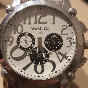 🦋10/$20🦋 Womage 9150 Silver/White Leather Wideband Women's Watch